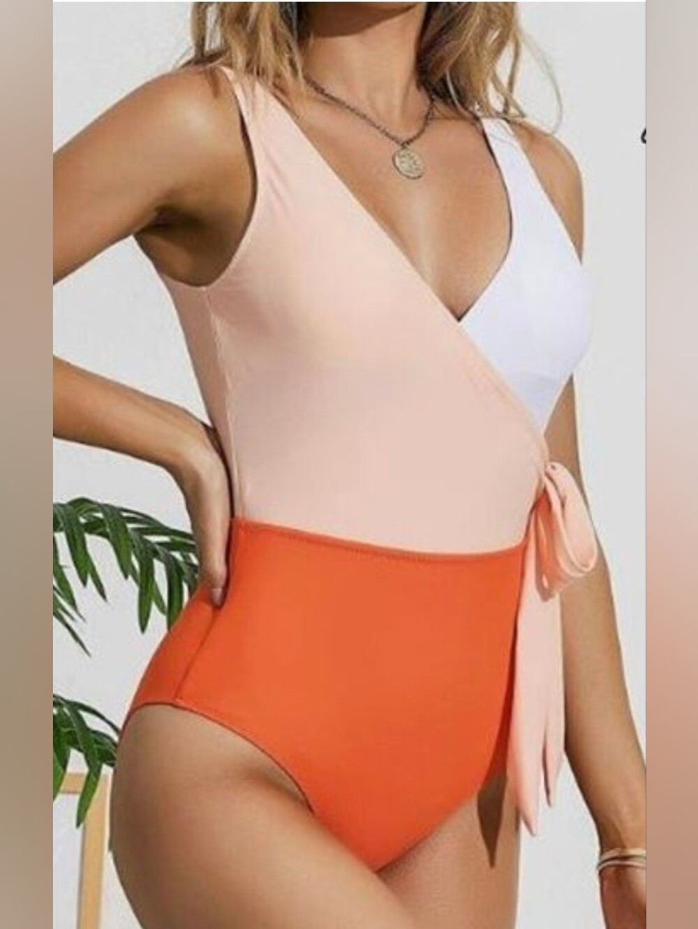 Felnart Colorblock Wrap One-Piece Swimsuit - Peach, White & Orange Medium *B